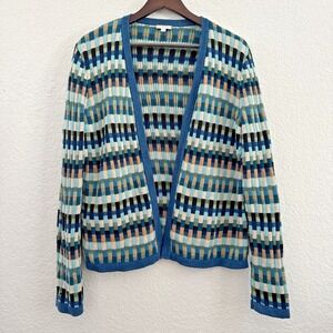 Talbots Patterned Open-Knit Sweater Blue & Teal Textured Cottagecore Size L